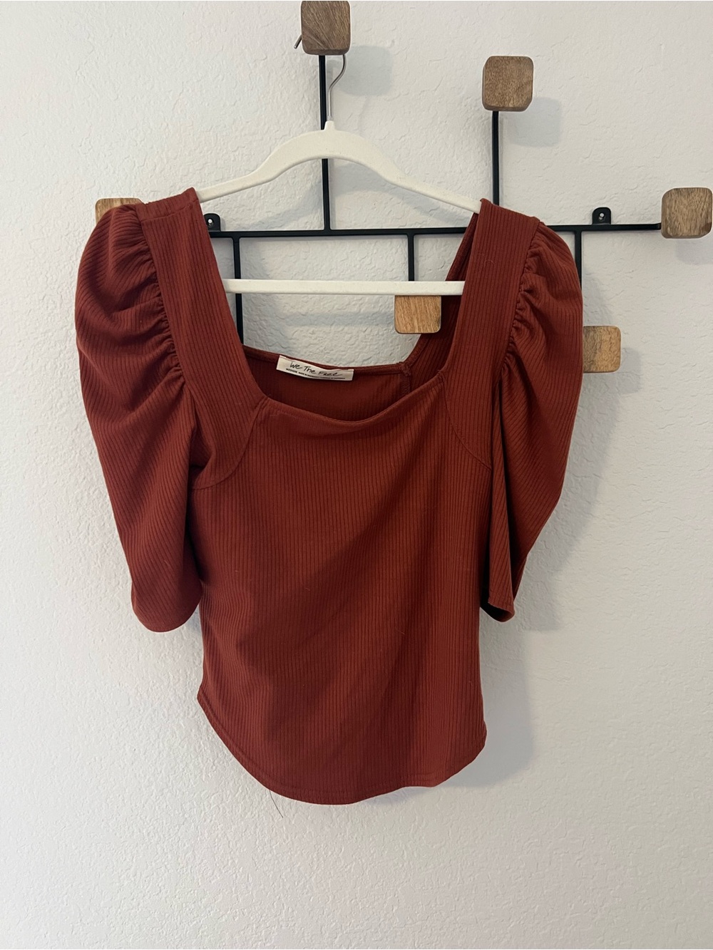 We The Free Square Neck Puff Sleeve Ribbed Top in Rust
